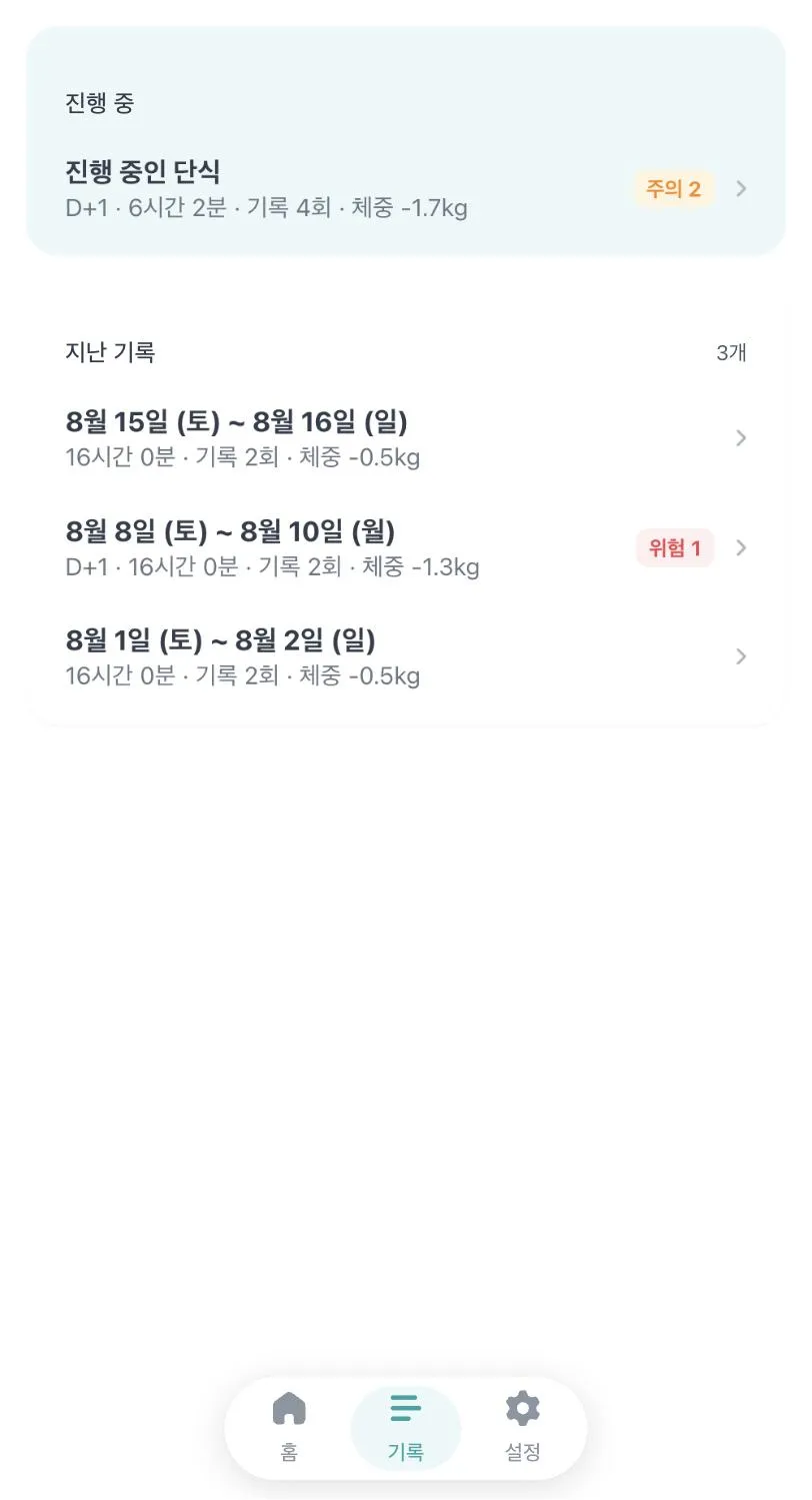 The history tab: the fast in progress above a list of past fasts, each with its duration, entry count, weight change, and alert badge