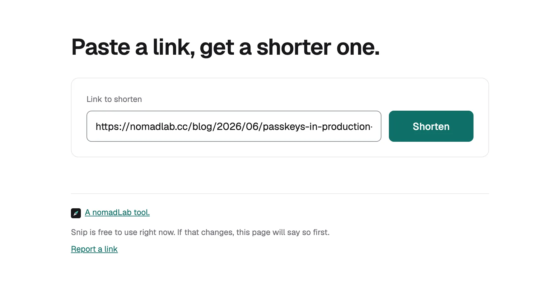 The Snip home page with a long blog URL pasted into the shorten box