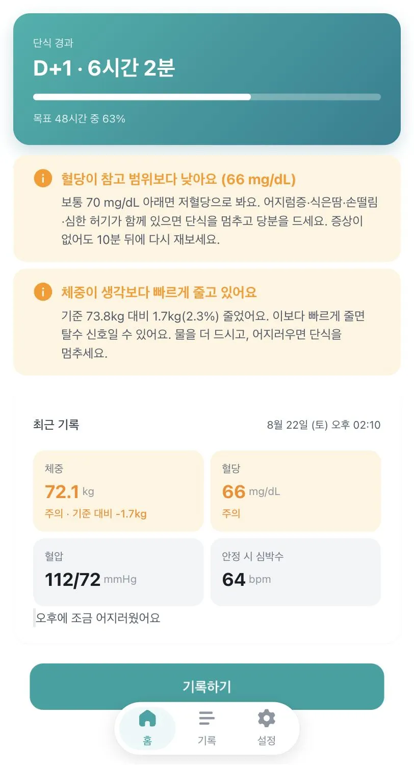 The home screen during a fast: elapsed time, two flagged readings explained in plain Korean, and the latest measurements as tiles