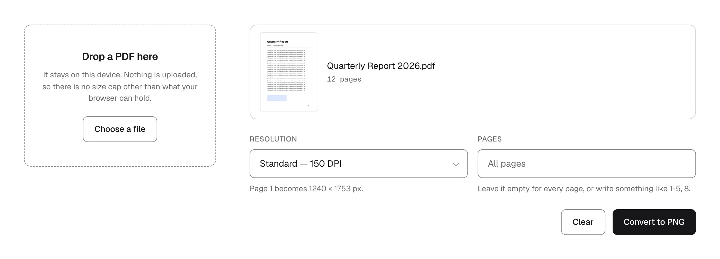 A PDF loaded in the converter, showing the first page, the page count and the resolution picker