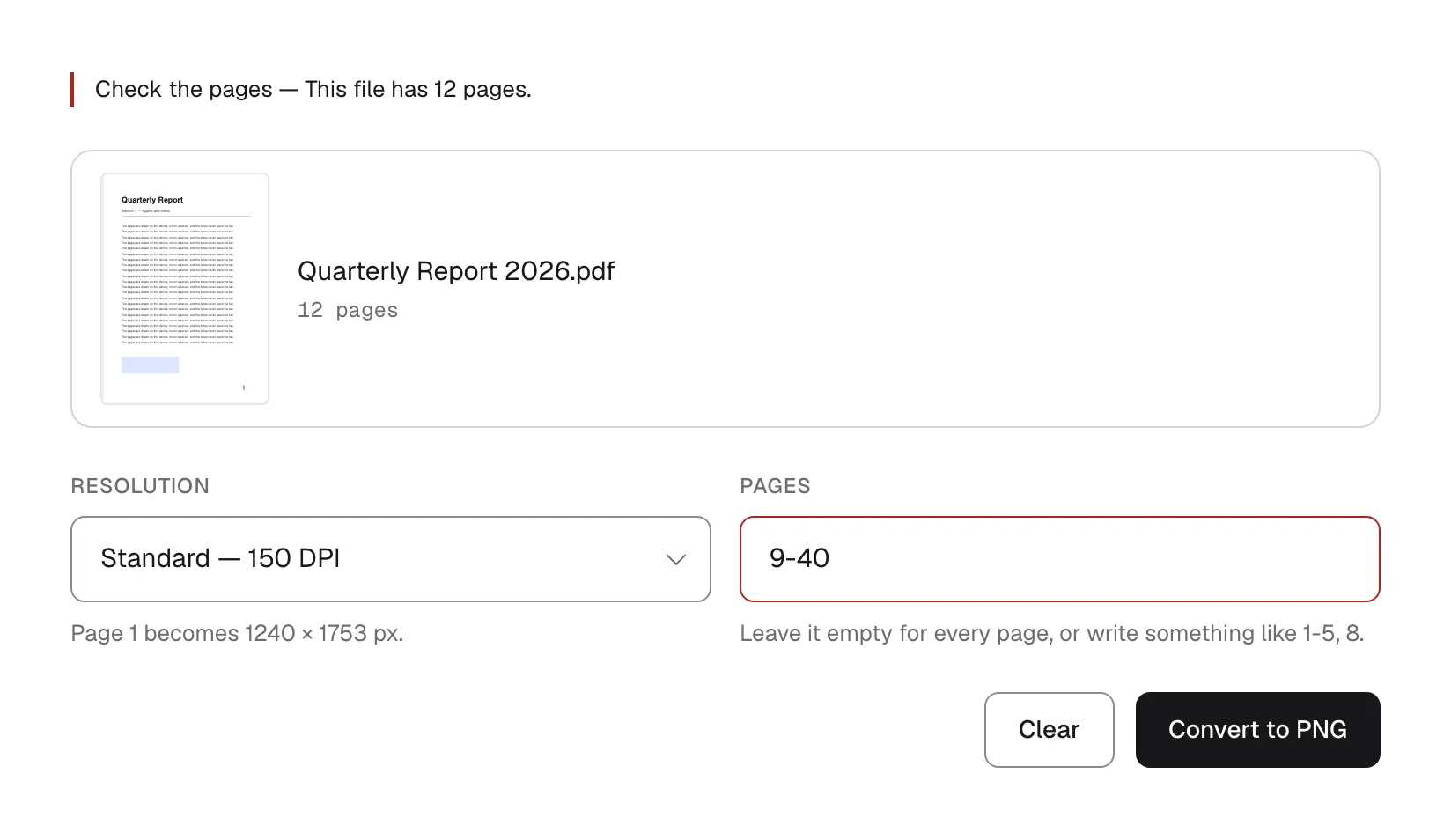 The page range box rejecting a range that runs past the end of the document