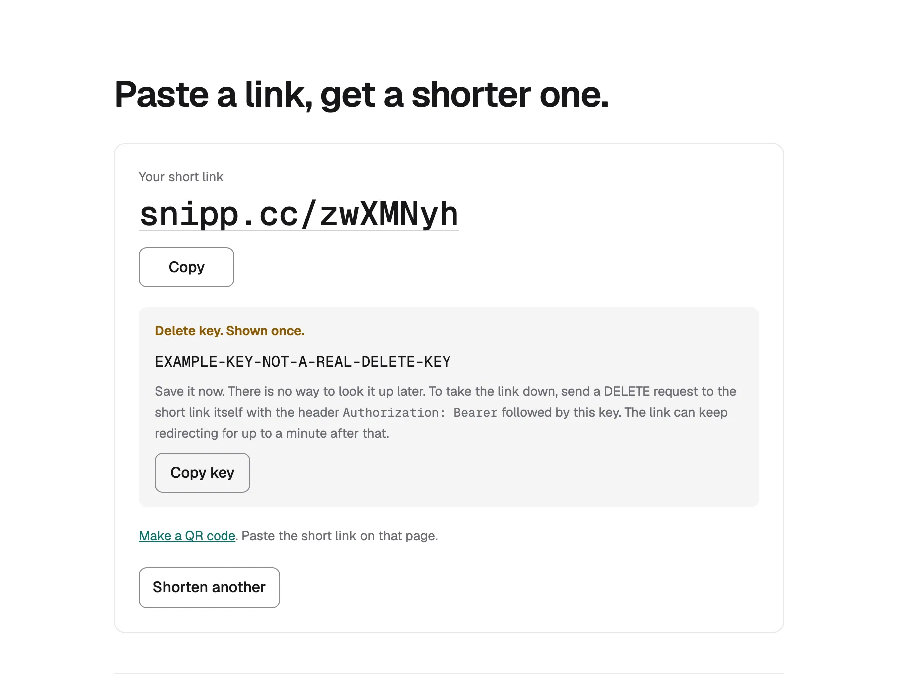 The result screen: the short link, a copy button, and the delete key shown once