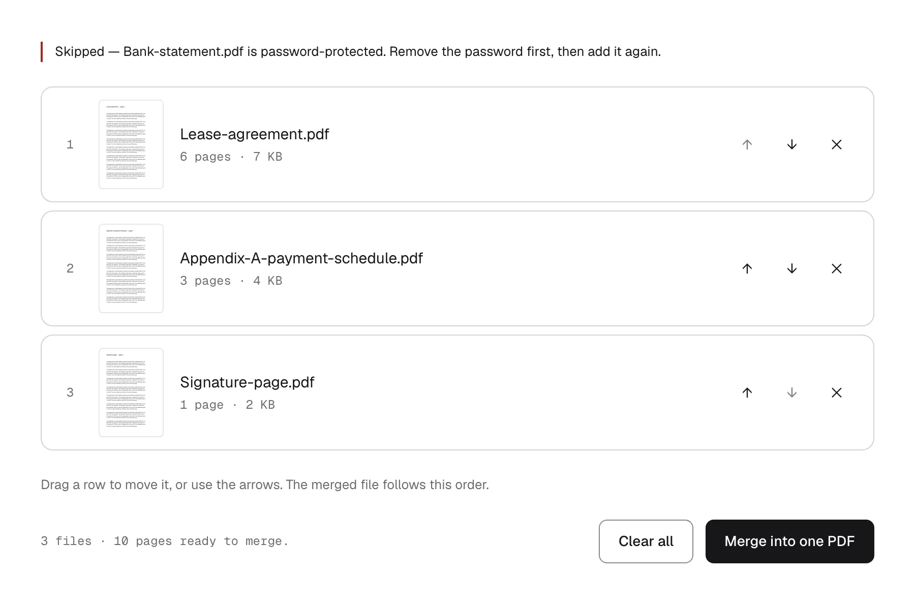 A password-protected file skipped by name while the rest of the set stays in the list